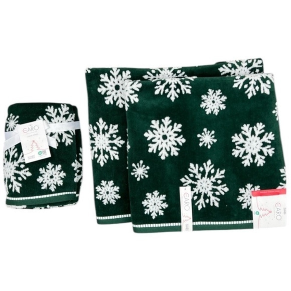 Caro - ‘Snowflakes - green bundle’ bath towel set. NWT.  Firm!